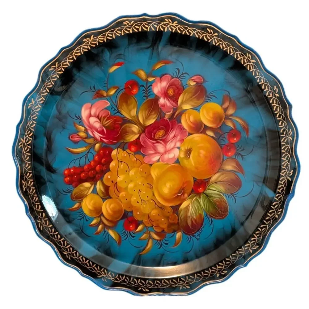 Vtg Hand Painted Zhostovo Metal Floral Signed Russian Folk Art Decorative Tray